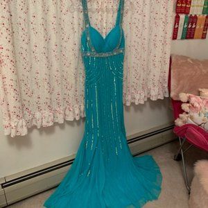 Glamor Girl Turquoise Blue Sequined/Beaded Mermaid Style Prom/Evening Gown- 4